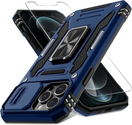 iPhone 12 Pro Max com capa de câmera de slide + protetor de tela ((1 pacote), anel giratório Kickstand grade militar à prova de choque