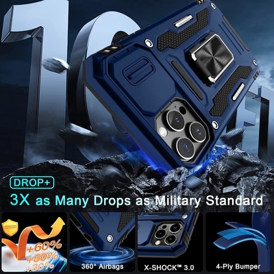 iPhone 12 Pro Max com capa de câmera de slide + protetor de tela ((1 pacote), anel giratório Kickstand grade militar à prova de choque