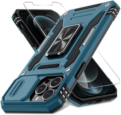 iPhone 12 Pro Max com capa de câmera de slide + protetor de tela ((1 pacote), anel giratório Kickstand grade militar à prova de choque