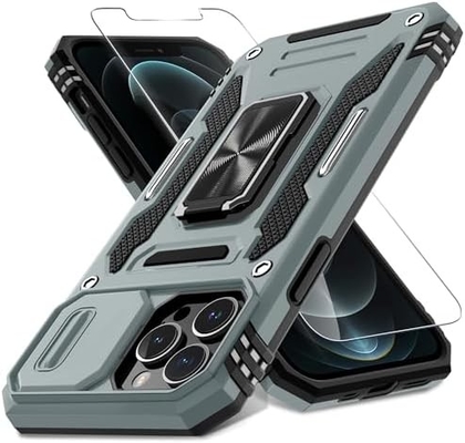 iPhone 12 Pro Max com capa de câmera de slide + protetor de tela ((1 pacote), anel giratório Kickstand grade militar à prova de choque