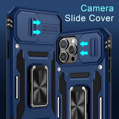 iPhone 12 Pro Max com capa de câmera de slide + protetor de tela ((1 pacote), anel giratório Kickstand grade militar à prova de choque