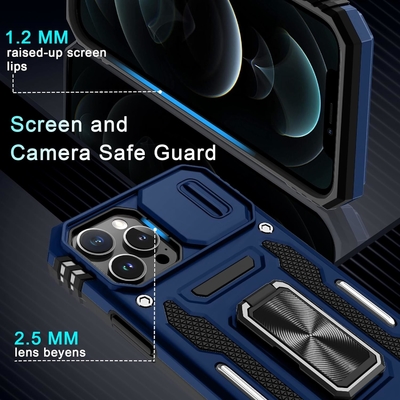 iPhone 12 Pro Max com capa de câmera de slide + protetor de tela ((1 pacote), anel giratório Kickstand grade militar à prova de choque