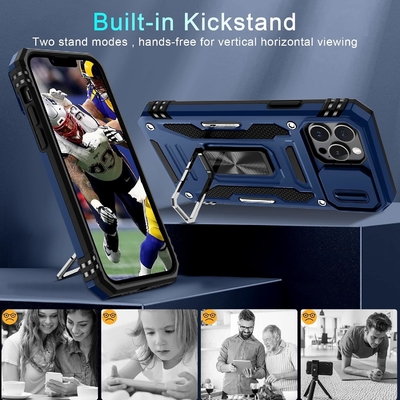 iPhone 12 Pro Max com capa de câmera de slide + protetor de tela ((1 pacote), anel giratório Kickstand grade militar à prova de choque