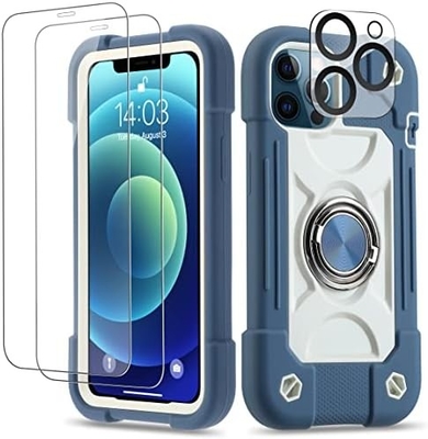iPhone 12 Pro Max Case 6.7 &quot; - resistente a choques, suporte de anel, tela de vidro e protetor de lente da câmera (rosa arco-íris)