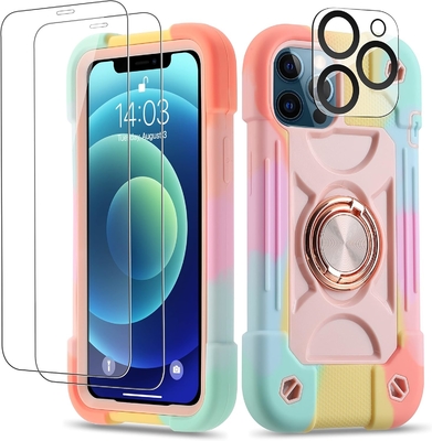 iPhone 12 Pro Max Case 6.7 &quot; - resistente a choques, suporte de anel, tela de vidro e protetor de lente da câmera (rosa arco-íris)