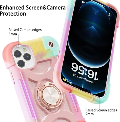 iPhone 12 Pro Max Case 6.7 &quot; - resistente a choques, suporte de anel, tela de vidro e protetor de lente da câmera (rosa arco-íris)