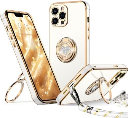 iPhone 12 Pro Max Funda com suporte, Funda para telefone com suporte de anel duplo, Mulheres meninas Bling Luxury Protective Case Hear