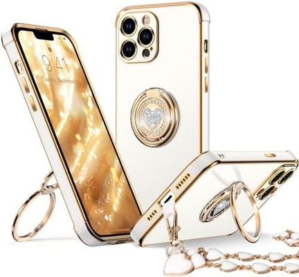 iPhone 12 Pro Max Funda com suporte, Funda para telefone com suporte de anel duplo, Mulheres meninas Bling Luxury Protective Case Hear