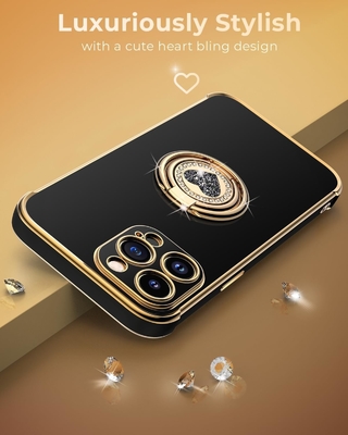 iPhone 12 Pro Max Funda com suporte, Funda para telefone com suporte de anel duplo, Mulheres meninas Bling Luxury Protective Case Hear