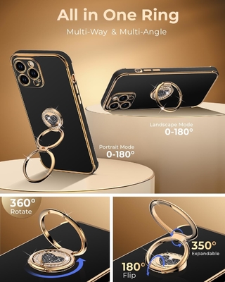 iPhone 12 Pro Max Funda com suporte, Funda para telefone com suporte de anel duplo, Mulheres meninas Bling Luxury Protective Case Hear