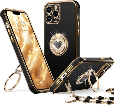 iPhone 12 Pro Max Funda com suporte, Funda para telefone com suporte de anel duplo, Mulheres meninas Bling Luxury Protective Case Hear