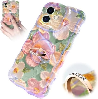 Caixa para iPhone 12 Pro Max Anel, pintura a óleo flor colorida flor retro linda moldura de onda encaracolado Caixa telefônica de menina