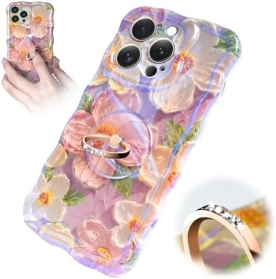 Caixa para iPhone 12 Pro Max Anel, pintura a óleo flor colorida flor retro linda moldura de onda encaracolado Caixa telefônica de menina