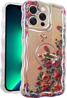Caixa para iPhone 12 Pro Max Anel, pintura a óleo flor colorida flor retro linda moldura de onda encaracolado Caixa telefônica de menina