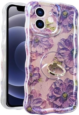 Caixa para iPhone 12 Pro Max Anel, pintura a óleo flor colorida flor retro linda moldura de onda encaracolado Caixa telefônica de menina
