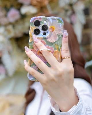 Caixa para iPhone 12 Pro Max Anel, pintura a óleo flor colorida flor retro linda moldura de onda encaracolado Caixa telefônica de menina
