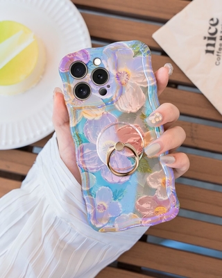 Caixa para iPhone 12 Pro Max Anel, pintura a óleo flor colorida flor retro linda moldura de onda encaracolado Caixa telefônica de menina