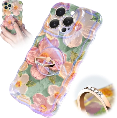 Caixa para iPhone 12 Pro Max Anel, pintura a óleo flor colorida flor retro linda moldura de onda encaracolado Caixa telefônica de menina