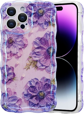iPhone 12 Pro Max, colorido retrô impressão de óleo padrão de brilho a laser lindo rizado ondulado borda exquisita caixa de telefone