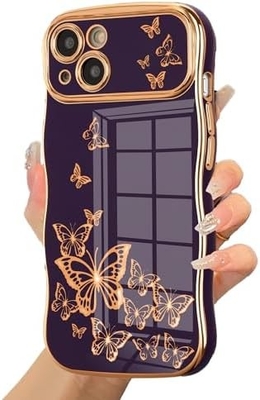 Caixa do telefone do iPhone 13 para menina, armação de onda encaracolada, padrão de borboleta luxuoso, borda de ouro TPU proteção de lente à prova de choque