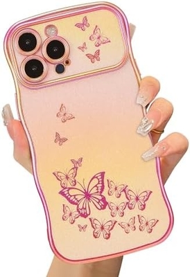 Caixa do telefone do iPhone 13 para menina, armação de onda encaracolada, padrão de borboleta luxuoso, borda de ouro TPU proteção de lente à prova de choque