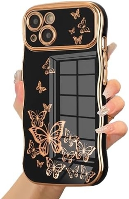 Caixa do telefone do iPhone 13 para menina, armação de onda encaracolada, padrão de borboleta luxuoso, borda de ouro TPU proteção de lente à prova de choque