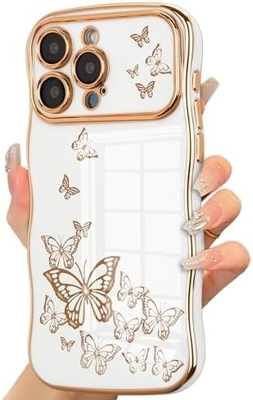 Caixa do telefone do iPhone 13 para menina, armação de onda encaracolada, padrão de borboleta luxuoso, borda de ouro TPU proteção de lente à prova de choque