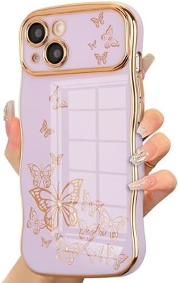 Caixa do telefone do iPhone 13 para menina, armação de onda encaracolada, padrão de borboleta luxuoso, borda de ouro TPU proteção de lente à prova de choque