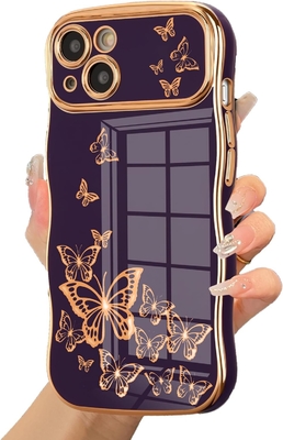 Caixa do telefone do iPhone 13 para menina, armação de onda encaracolada, padrão de borboleta luxuoso, borda de ouro TPU proteção de lente à prova de choque