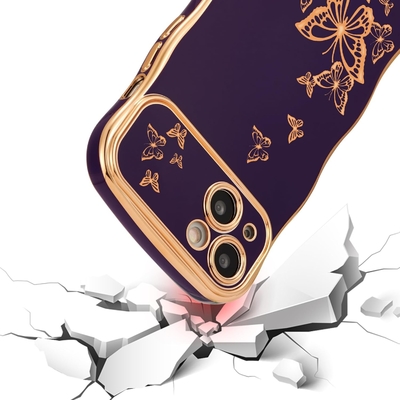 Caixa do telefone do iPhone 13 para menina, armação de onda encaracolada, padrão de borboleta luxuoso, borda de ouro TPU proteção de lente à prova de choque