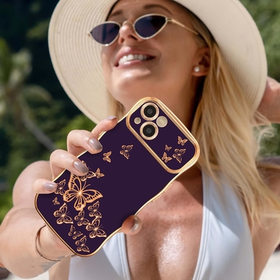 Caixa do telefone do iPhone 13 para menina, armação de onda encaracolada, padrão de borboleta luxuoso, borda de ouro TPU proteção de lente à prova de choque