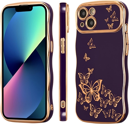 Caixa do telefone do iPhone 13 para menina, armação de onda encaracolada, padrão de borboleta luxuoso, borda de ouro TPU proteção de lente à prova de choque