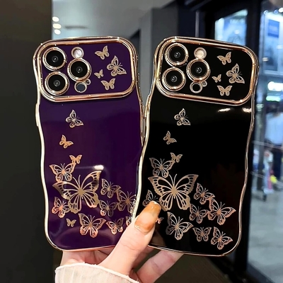 Caixa do telefone do iPhone 13 para menina, armação de onda encaracolada, padrão de borboleta luxuoso, borda de ouro TPU proteção de lente à prova de choque