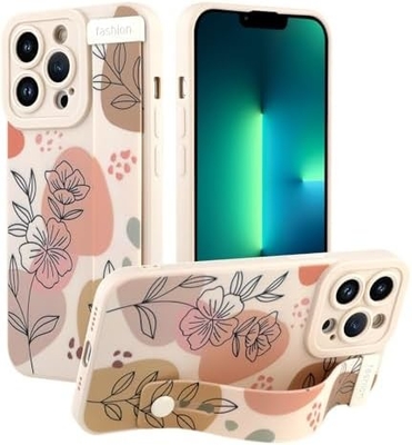 iPhone 12 Pro Max Funda de silicone com alça para mulheres meninas lindas flores florais padrão de design ajustável Soft Wirstband