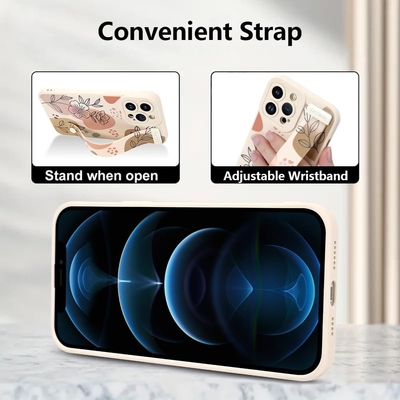 iPhone 12 Pro Max Funda de silicone com alça para mulheres meninas lindas flores florais padrão de design ajustável Soft Wirstband