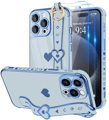 iPhone 12 Pro Cute Love-Heart Plating Strap Phone Cover para Mulheres Meninas Bling Lente de câmera de silicone Proteção Bumper