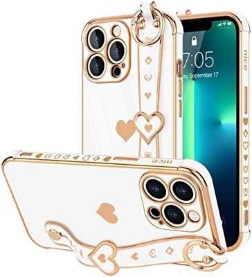 iPhone 12 Pro Cute Love-Heart Plating Strap Phone Cover para Mulheres Meninas Bling Lente de câmera de silicone Proteção Bumper
