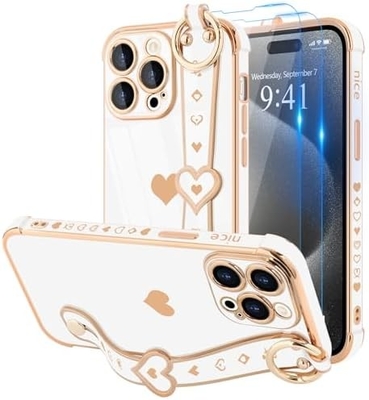 iPhone 12 Pro Cute Love-Heart Plating Strap Phone Cover para Mulheres Meninas Bling Lente de câmera de silicone Proteção Bumper