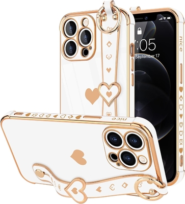 iPhone 12 Pro Cute Love-Heart Plating Strap Phone Cover para Mulheres Meninas Bling Lente de câmera de silicone Proteção Bumper