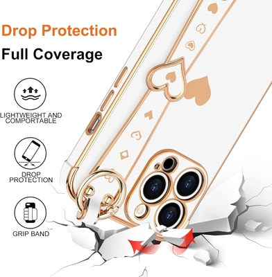 iPhone 12 Pro Cute Love-Heart Plating Strap Phone Cover para Mulheres Meninas Bling Lente de câmera de silicone Proteção Bumper