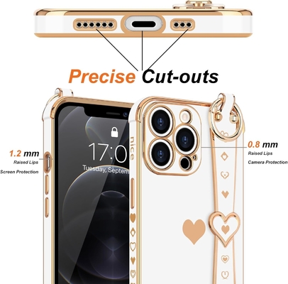 iPhone 12 Pro Cute Love-Heart Plating Strap Phone Cover para Mulheres Meninas Bling Lente de câmera de silicone Proteção Bumper
