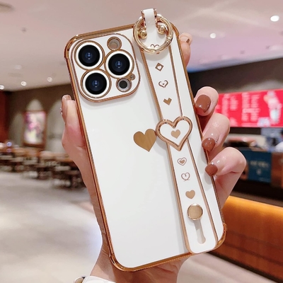 iPhone 12 Pro Cute Love-Heart Plating Strap Phone Cover para Mulheres Meninas Bling Lente de câmera de silicone Proteção Bumper