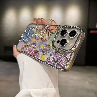 iPhone 12 Pro Max Case 6.7 Inch,Clear 3D Flower Phone Case for Women Girls Luxury Plating Floral Case Cover Estética