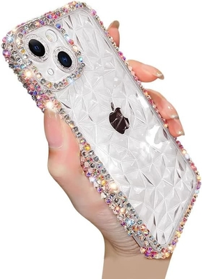 Proteção de lente de câmera de padrão de diamante de cristal de luxo Transparente Soft Shockproof Cover Phone Case (azul, iPhone 13 Pro