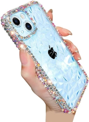 Proteção de lente de câmera de padrão de diamante de cristal de luxo Transparente Soft Shockproof Cover Phone Case (azul, iPhone 13 Pro