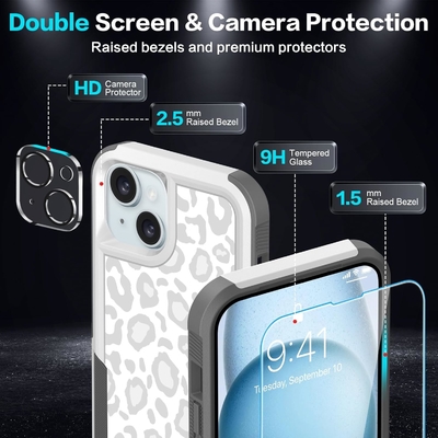 [5 em 1 para iPhone 15 Plus Casca, com 2 Pacotes de Protector de Ecrã + 2 Pacotes de Protector de Lente de Câmera, Heavy-Duty Tough Rugged