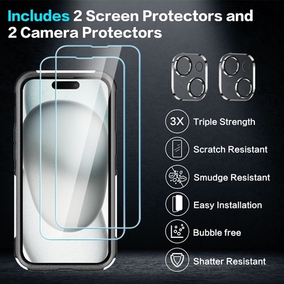 [5 em 1 para iPhone 15 Plus Casca, com 2 Pacotes de Protector de Ecrã + 2 Pacotes de Protector de Lente de Câmera, Heavy-Duty Tough Rugged