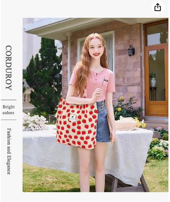 Bolsa Tote Feminina Meninas, Grande Capacidade Corduroy Reutilizável Sacola de Ombro com Interior