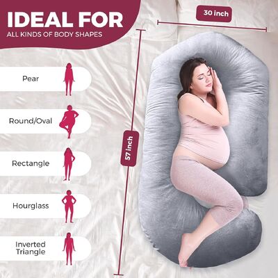 Almofadas de gravidez para dormir Almofada de gravidez de 57 polegadas para mulheres grávidas com cobertura lavável removível Apoio para costas, barriga, pescoço, pernas e quadris Almofada de corpo inteiro em forma de V C U, cinza veludo
