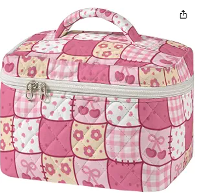 Bolsa de Maquiagem Grande Acolchoada Padrão de Costura Vintage Estojo de Viagem Cosmético para Mulheres Estética Patchwork Organizador de Higiene Pessoal com Alça Skincare Pincéis Acessórios